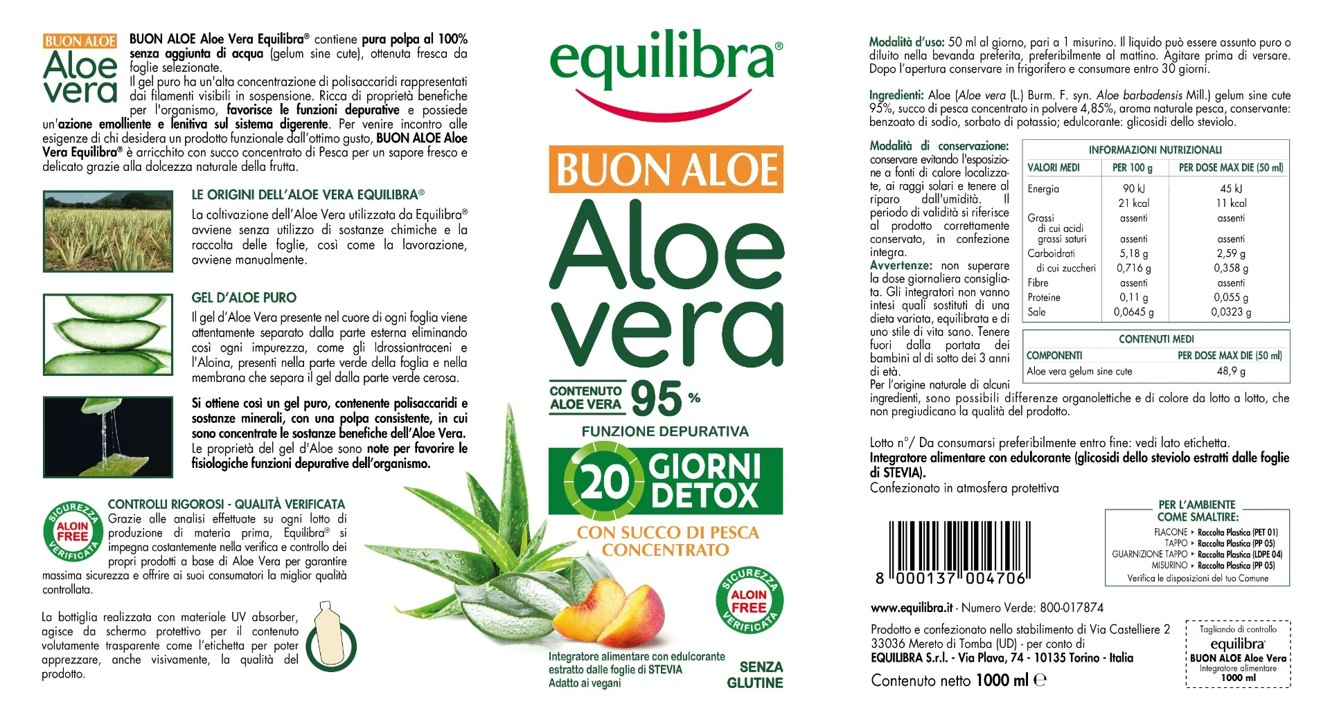 Equilibra Buon Aloe Vera 95% Con Succo Di Pesca 1L Azione Depurativa