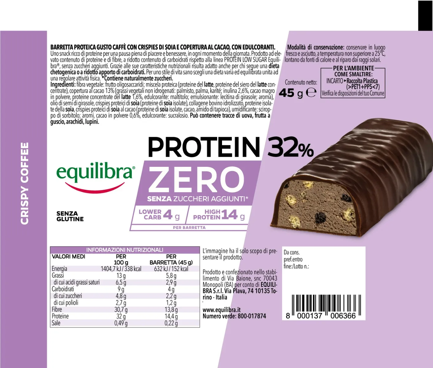 Equilibra Protein 32% Zero Crispy Coffee 45 G Barretta Proteica