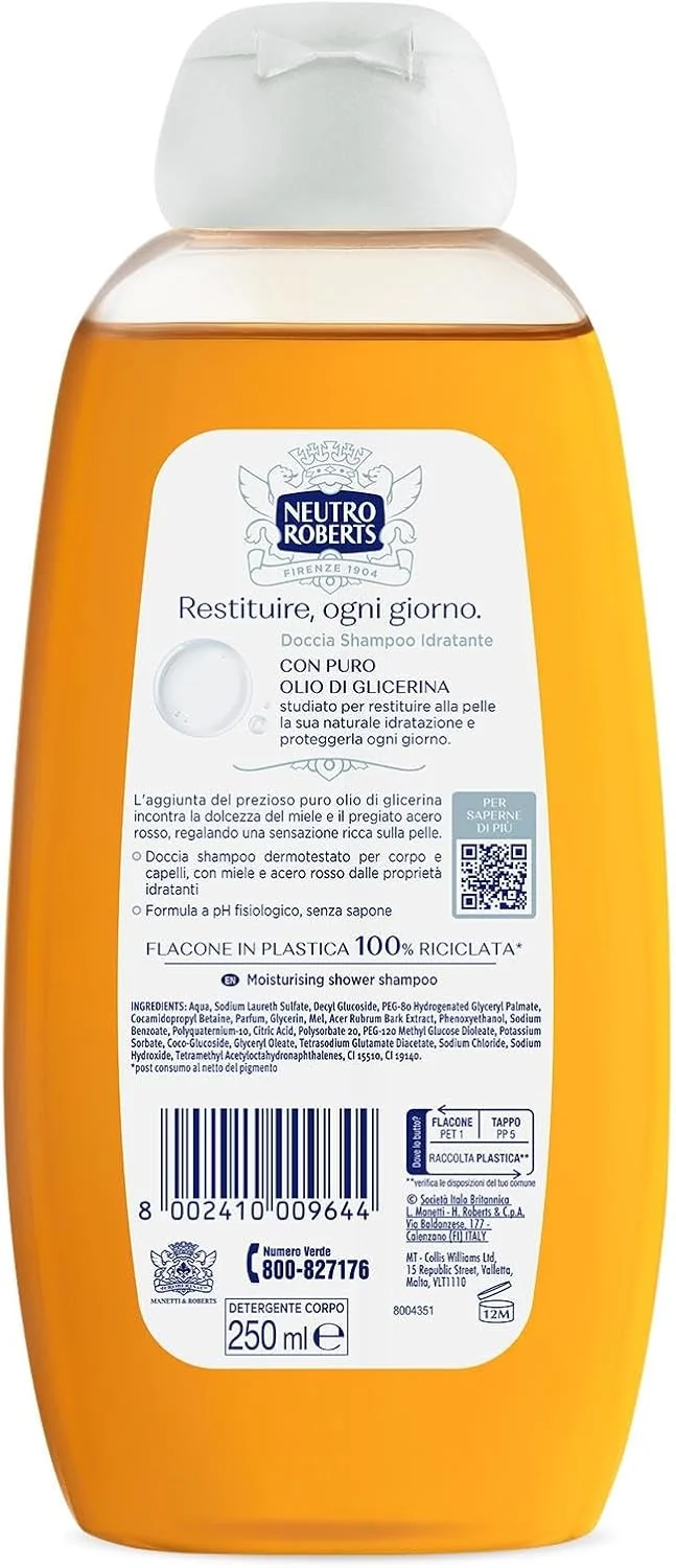 Neutro Roberts Docciaschiuma Shampoo Idratante 250 ml Con Miele e Acero Rosso