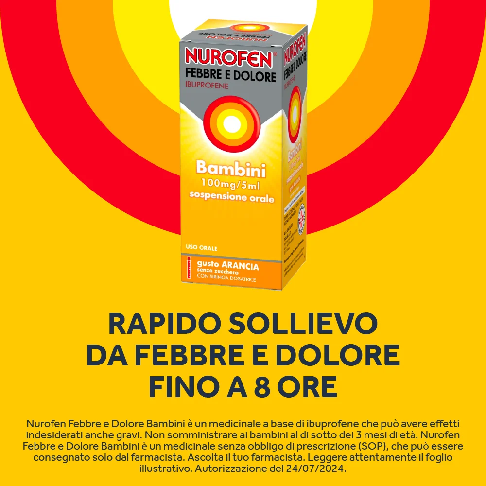 Nurofen Febbre e Dolore Bambini 100 mg/5 ml Ibuprofene Sospensione Orale Arancia 150 ml Antinfiammatorio