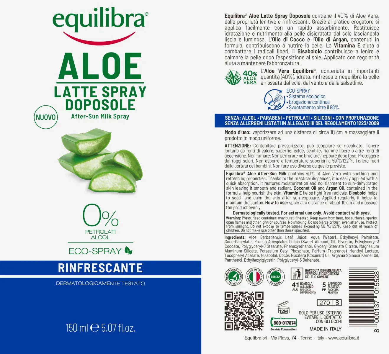 Equilibra Aloe Latte Doposole Spray 150 ml Effetto rinfrescante