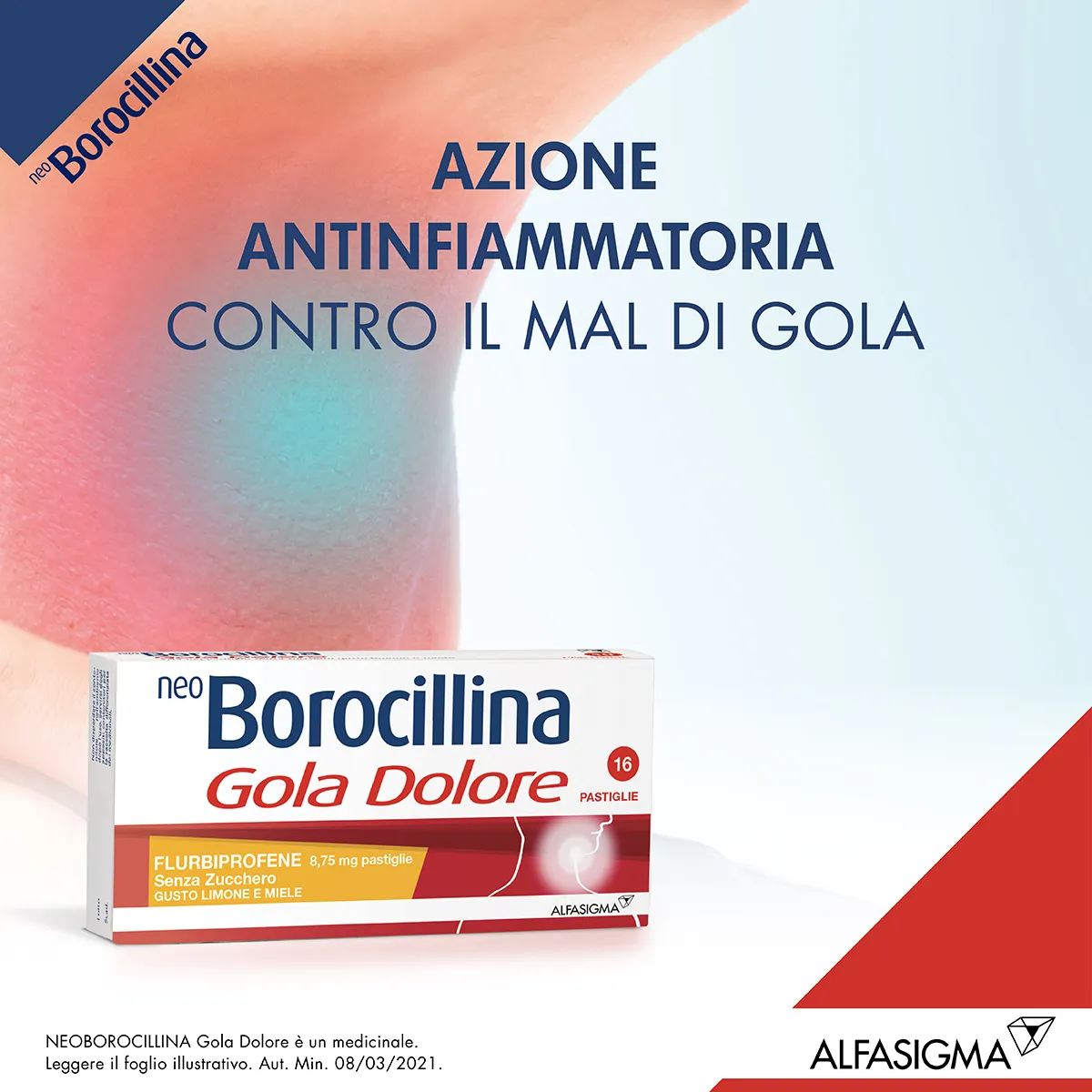 Neo Borocillina Gola Dolore 8,75 mg Limone e Miele 16 Pastiglie Senza Zucchero