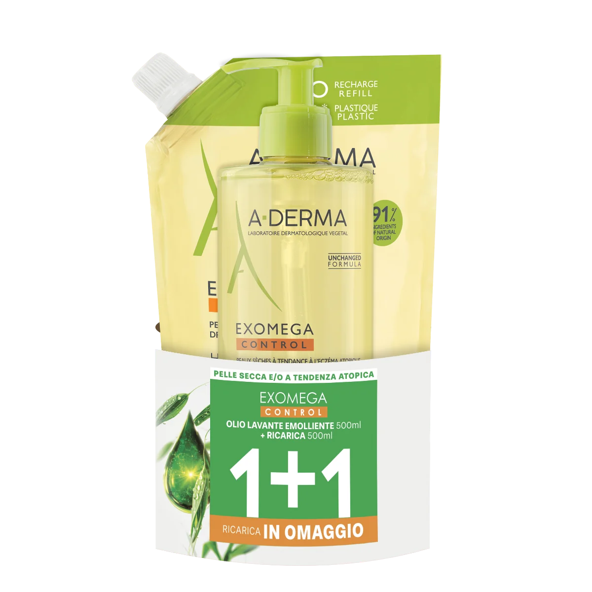 A-Derma Exomega control Special Pack 1+1 Olio lavante emolliente 500ml + Eco ricarica 500 ml IN OMAGGIO