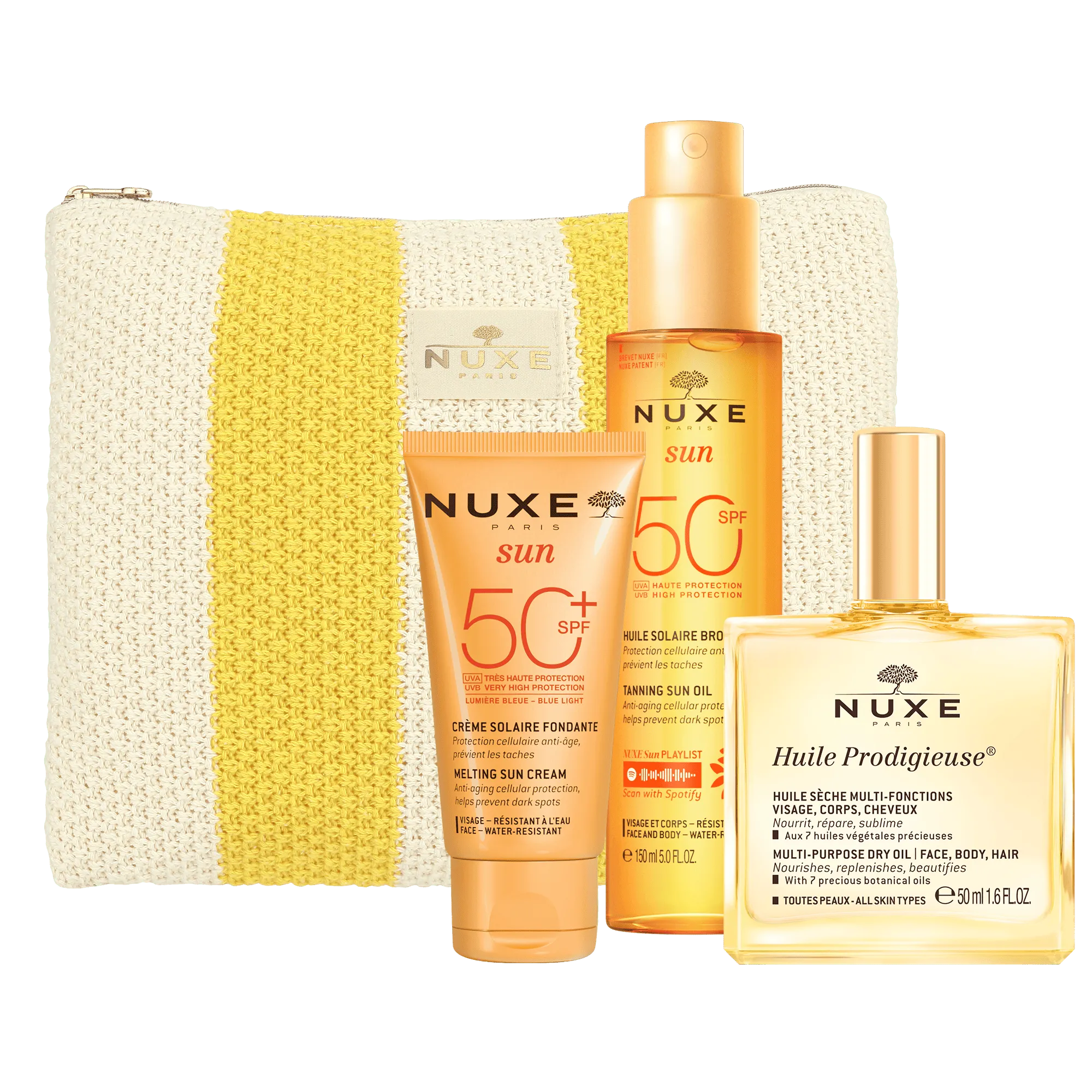 Nuxe Summer Essentials Pochette Crema Solare Viso SPF50+ 50ml + Huile 50ml + Olio Abbronzante SPF50 150ml