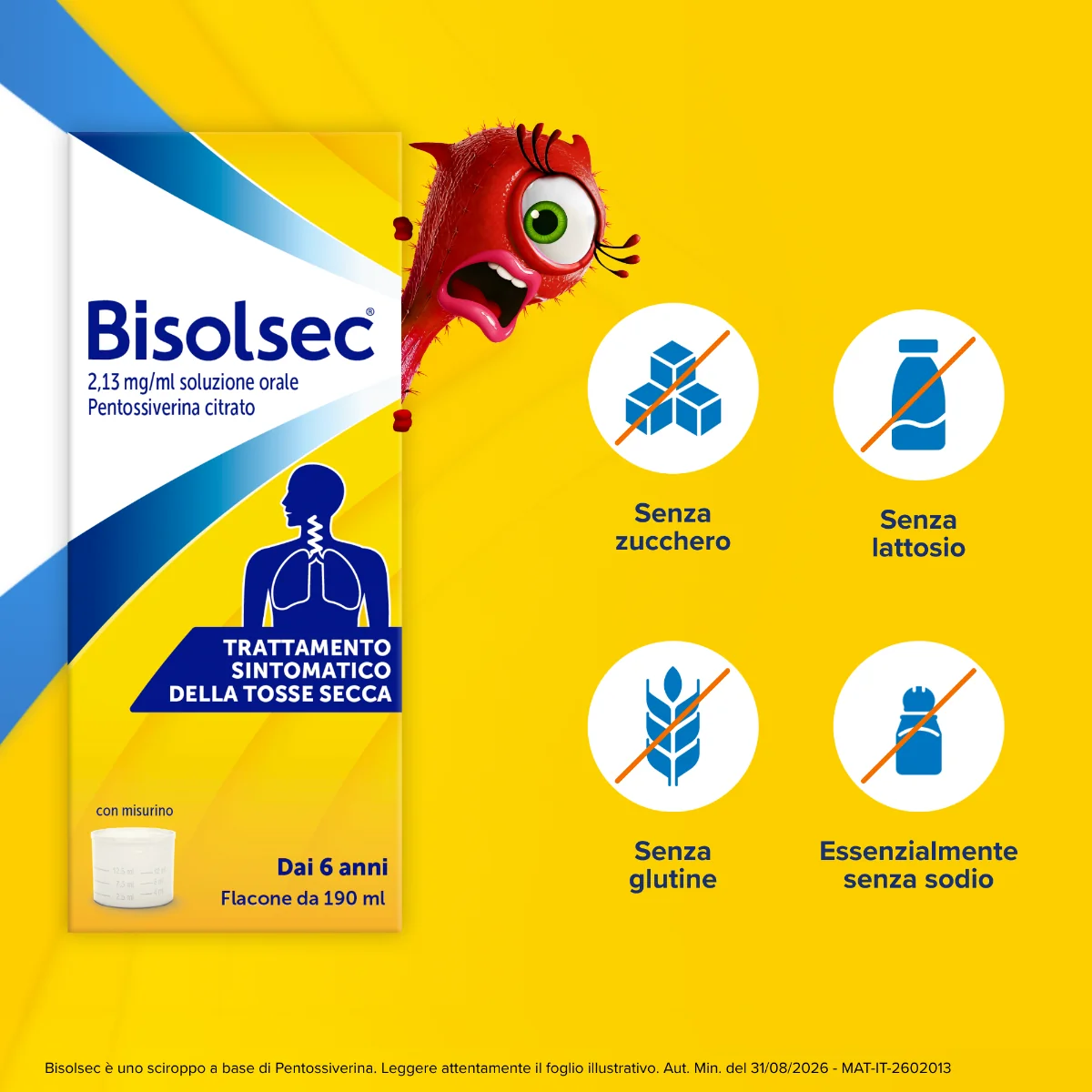 Bisolsec Soluzione Orale 190 Ml 2,13 Mg/Ml Trattamento Sintomatico Tosse Secca