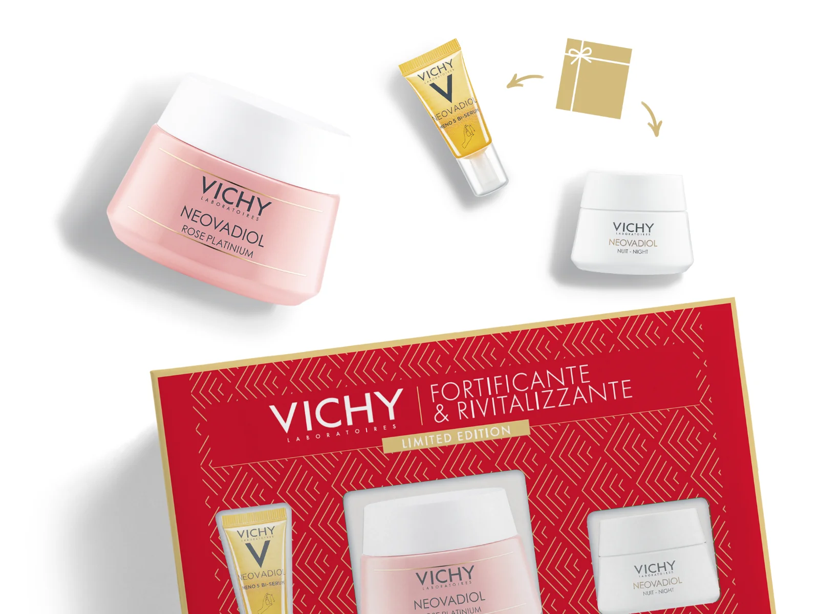 Cofanetto Natale Neovadiol 2023 Neovadiol Meno 5 Bi-Serum Siero + Neovadiol Rose Platinium Crema Giorno + Neovadiol Rose Platinium Crema Notte.