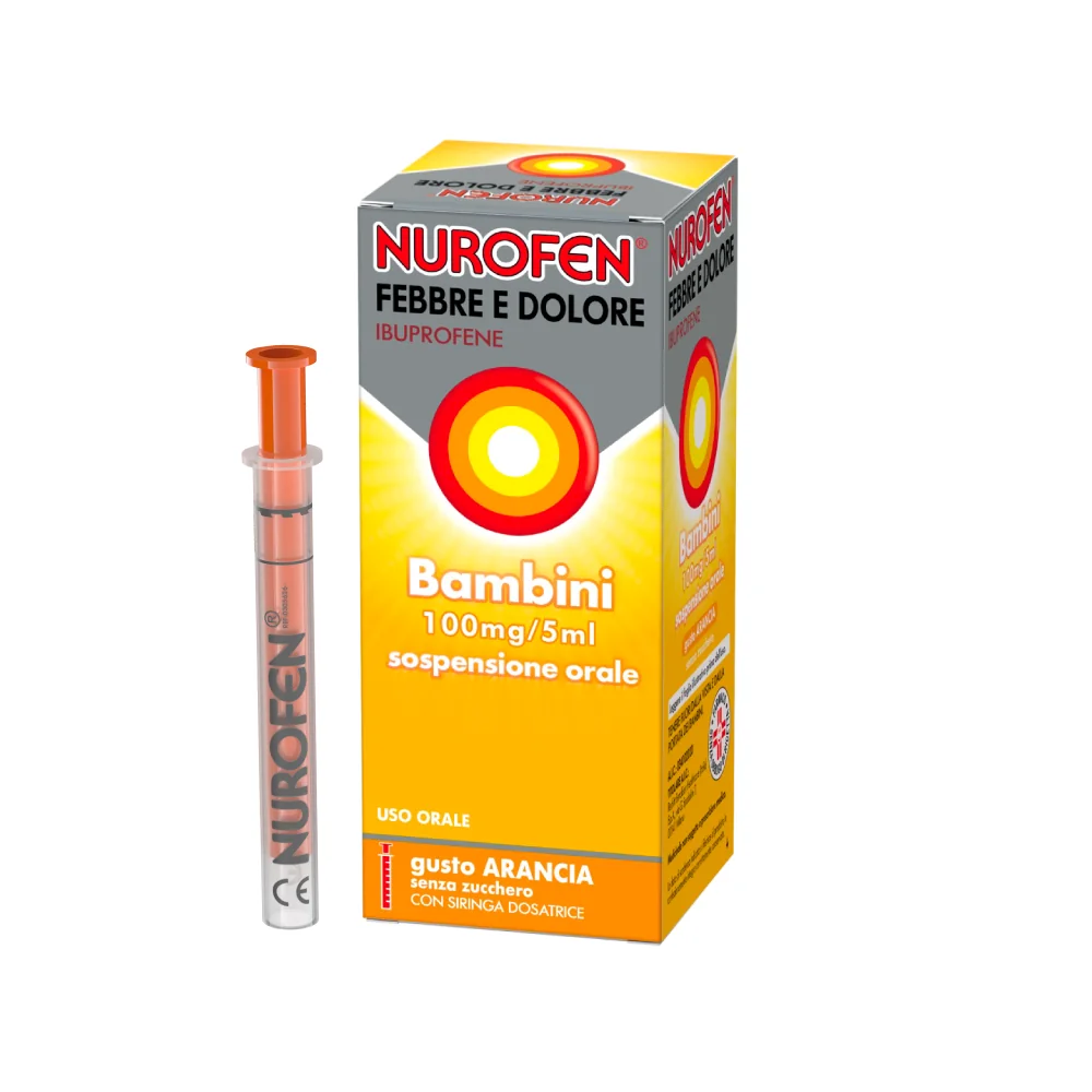 Nurofen Febbre e Dolore Bambini 100 mg/5 ml Ibuprofene Sospensione Orale Arancia 150 ml Antinfiammatorio