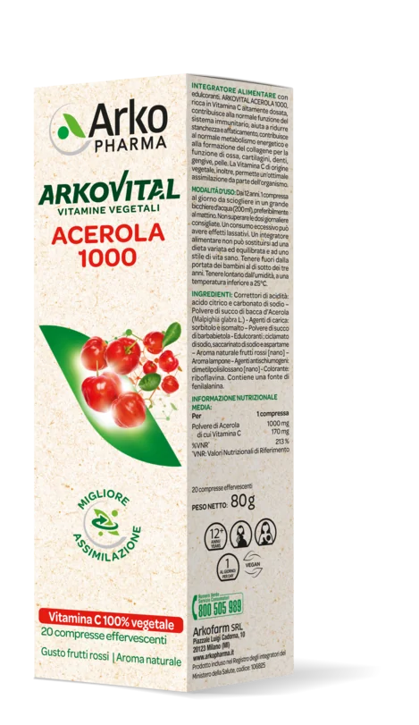 Arkopharma Arkovital Acerola 1000 20 Compresse Effervescenti Antiossidante e Stimolante Sistema Immunitario