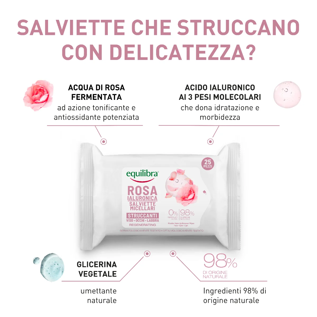 Equilibra Rosa Ialuronica Salviette Micellari Struccanti 25 Pezzi Idratanti e Protettive