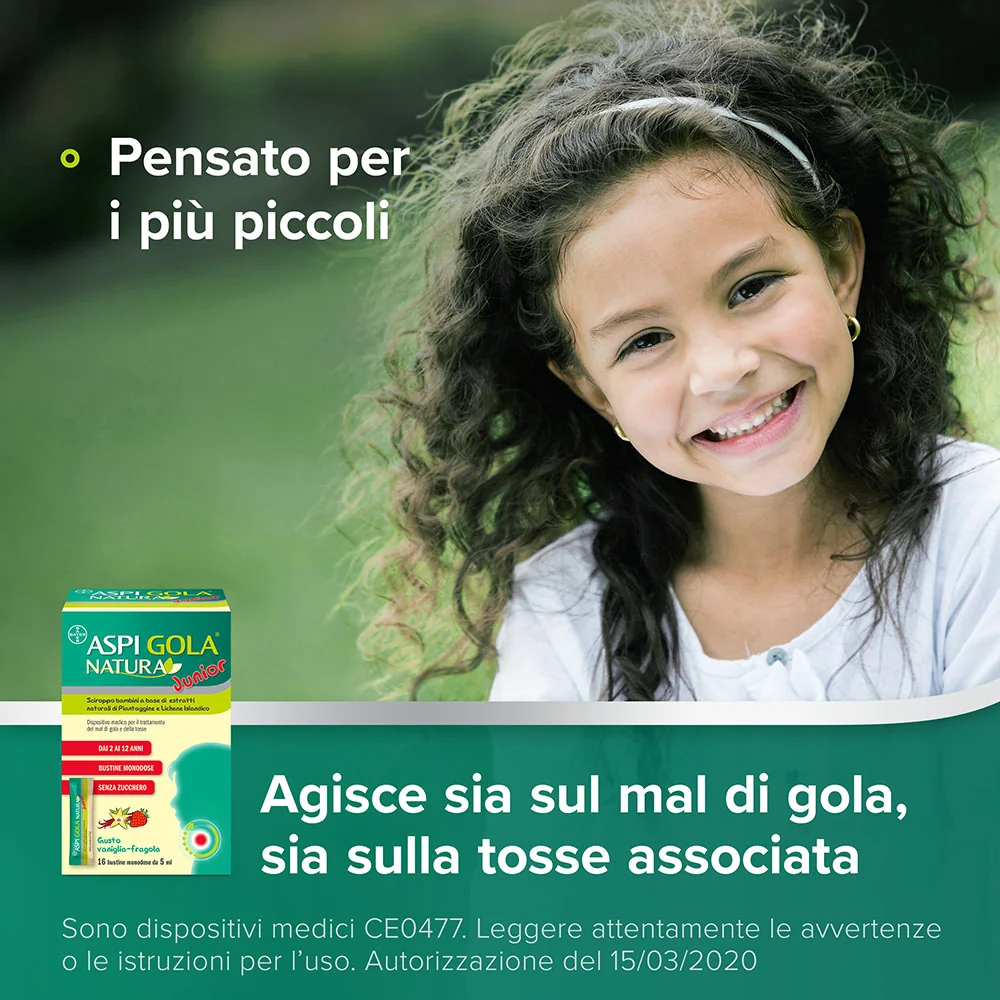 Aspi Gola Natura Junior Sciroppo 16 Bustine Mal di Gola e Tosse
