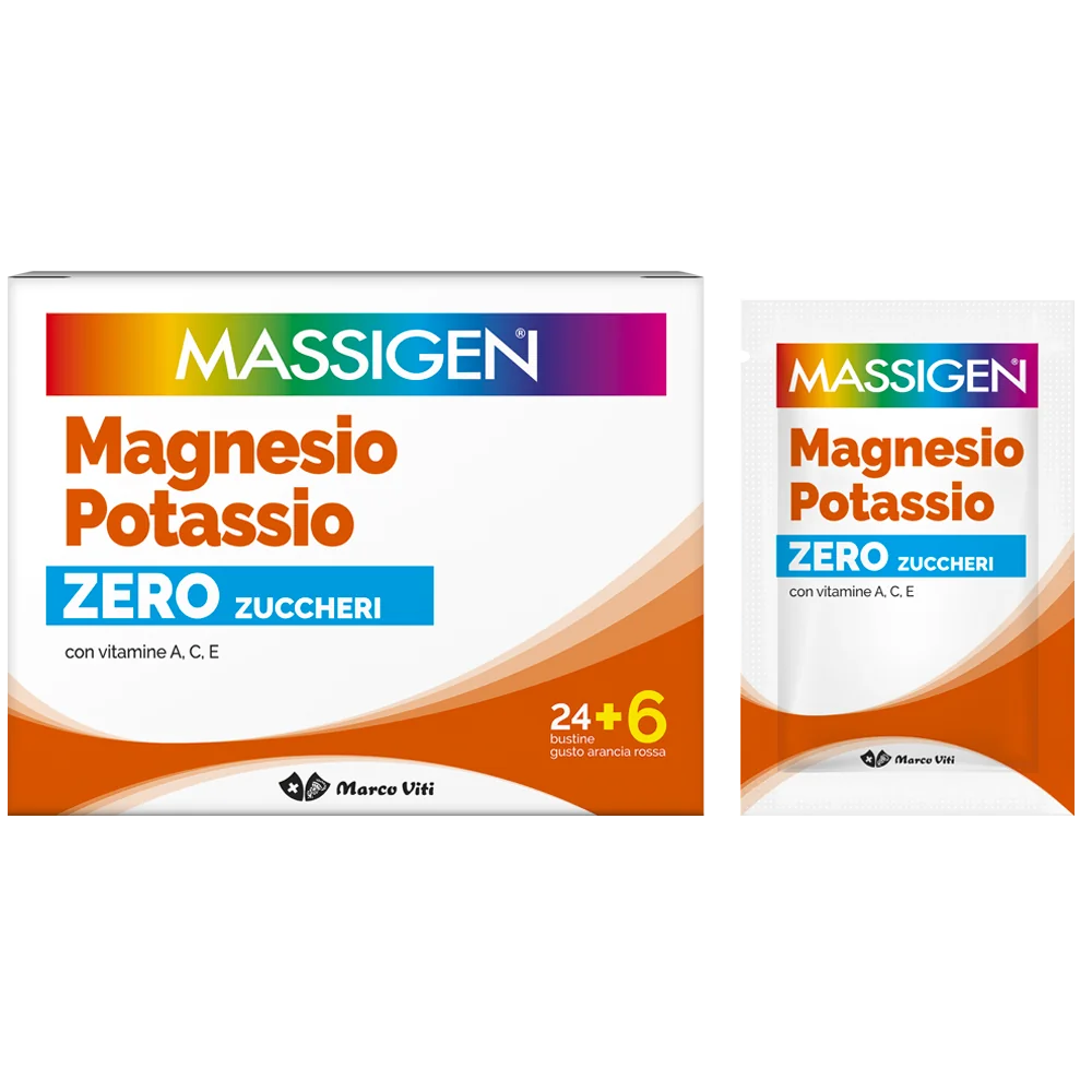 Massigen Magnesio e Potassio Zero Zuccheri 24+6 Bustine OMAGGIO integratore sali minerali a basso contenuto calorico