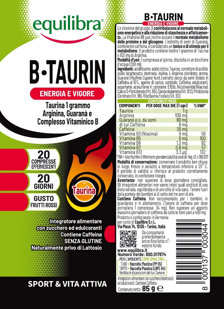 Equilibra B Taurin 20 Compresse Effervescenti Integratore Energetico