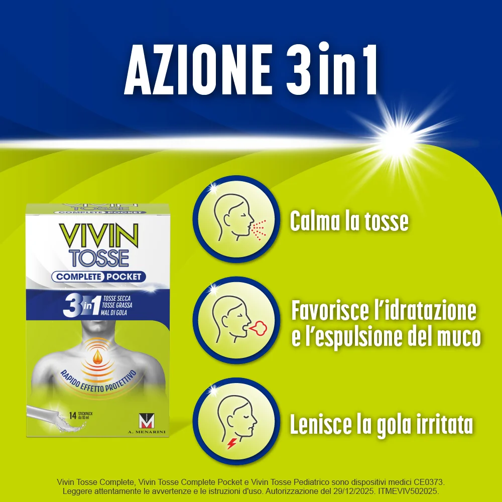 Vivin Tosse Complete 3 in 1 Complete Pocket 14 Stick Tosse Grassa, Secca e Mal di Gola