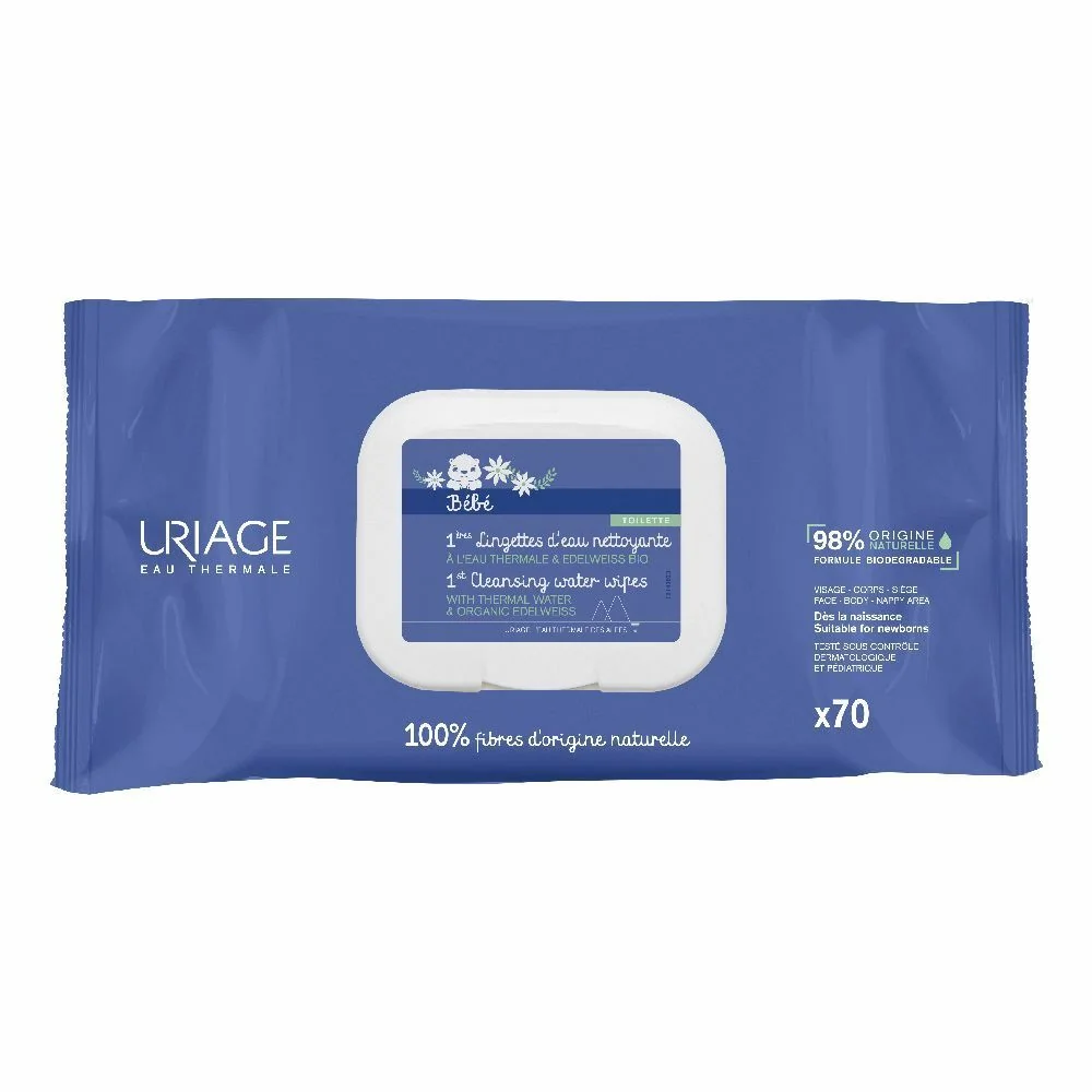 Uriage Bebe Salviettine Detergenti All'Acqua 70 Pezzi Rimuovono le Impurità