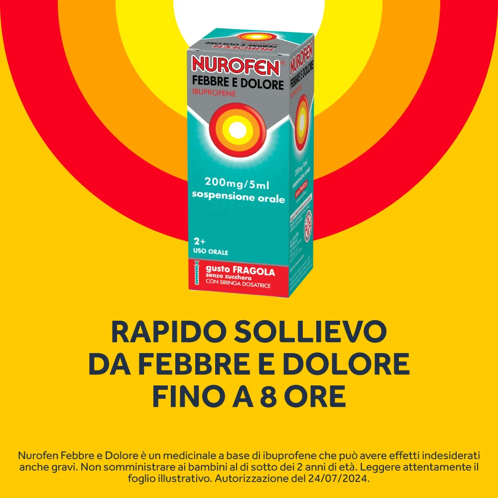 Nurofen Febbre e Dolore Bambini 200 mg/5 ml Ibuprofene Sospensione Orale Fragola 100 ml Bambini e Adulti