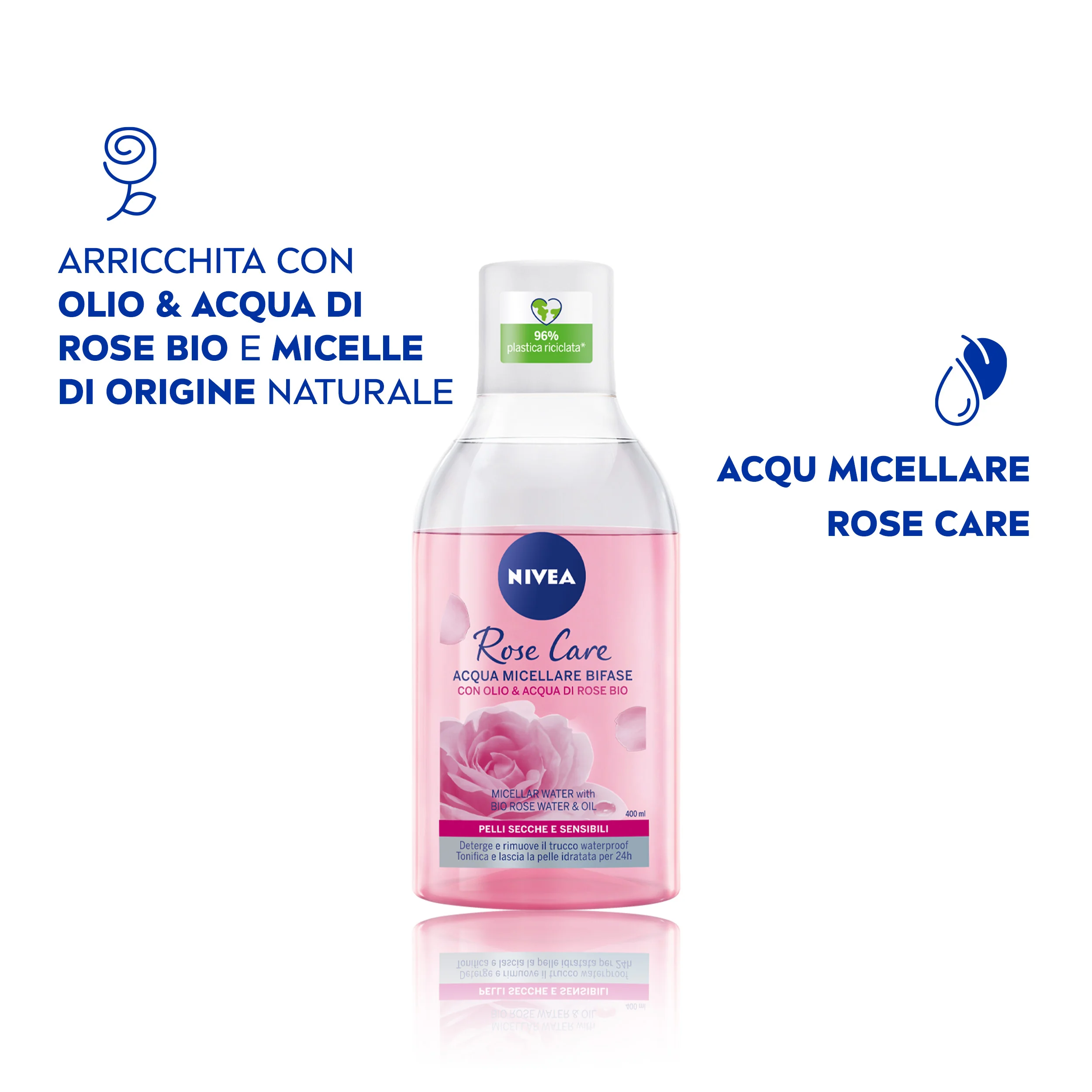 Nivea Acqua Micellare Rose Care 400 ml Bifasica per pelli secche e sensibili