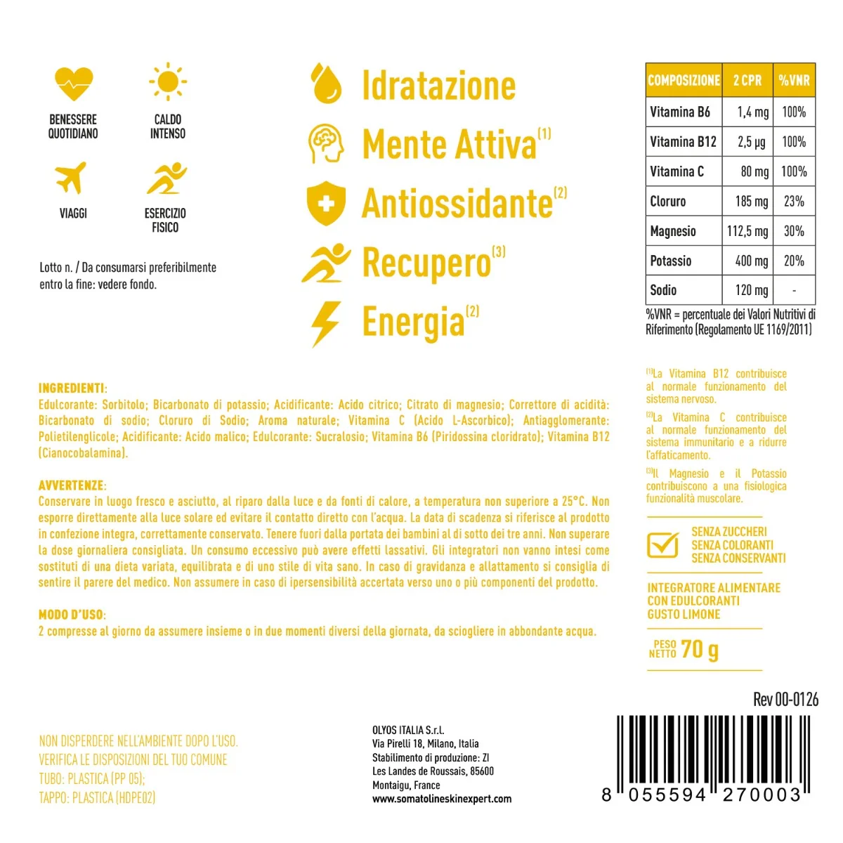 Somatoline Hydrop Limone 20 Compresse Effervescenti Con Vitamine del Gruppo B