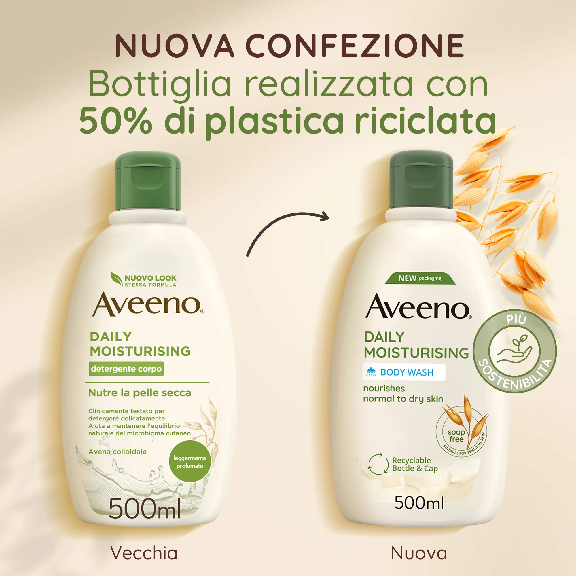 Aveeno Daily Moisturising Detergente Corpo 500 ml Bagnoschiuma Per Pelli da Normali a Secche