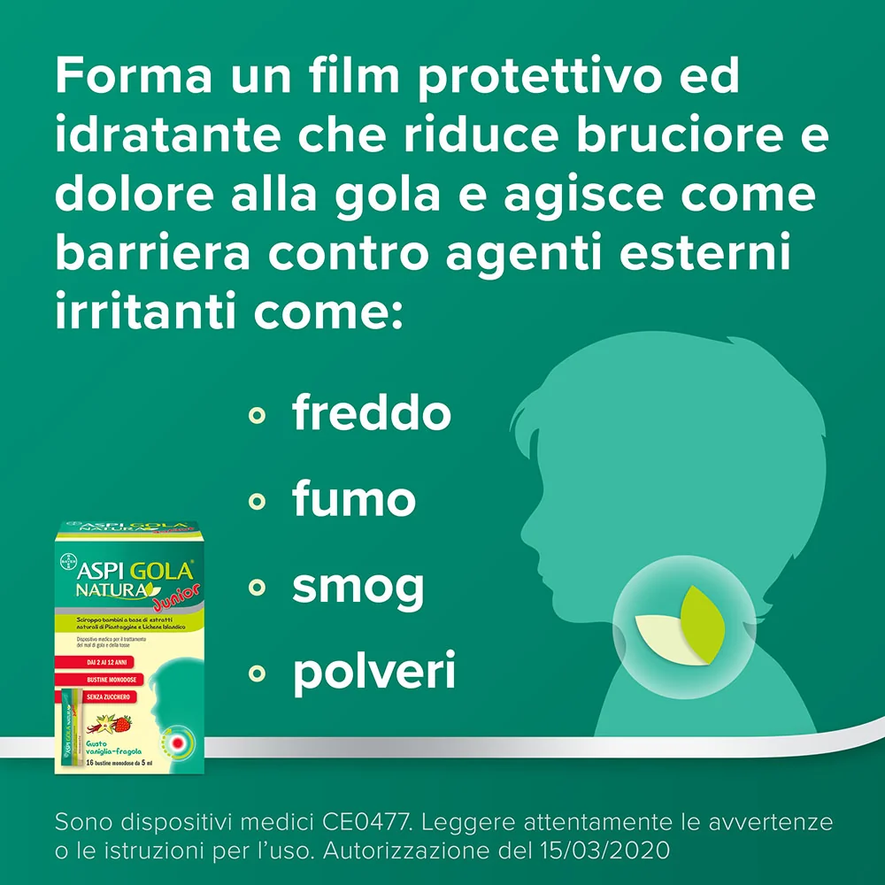 Aspi Gola Natura Junior Sciroppo 16 Bustine Mal di Gola e Tosse