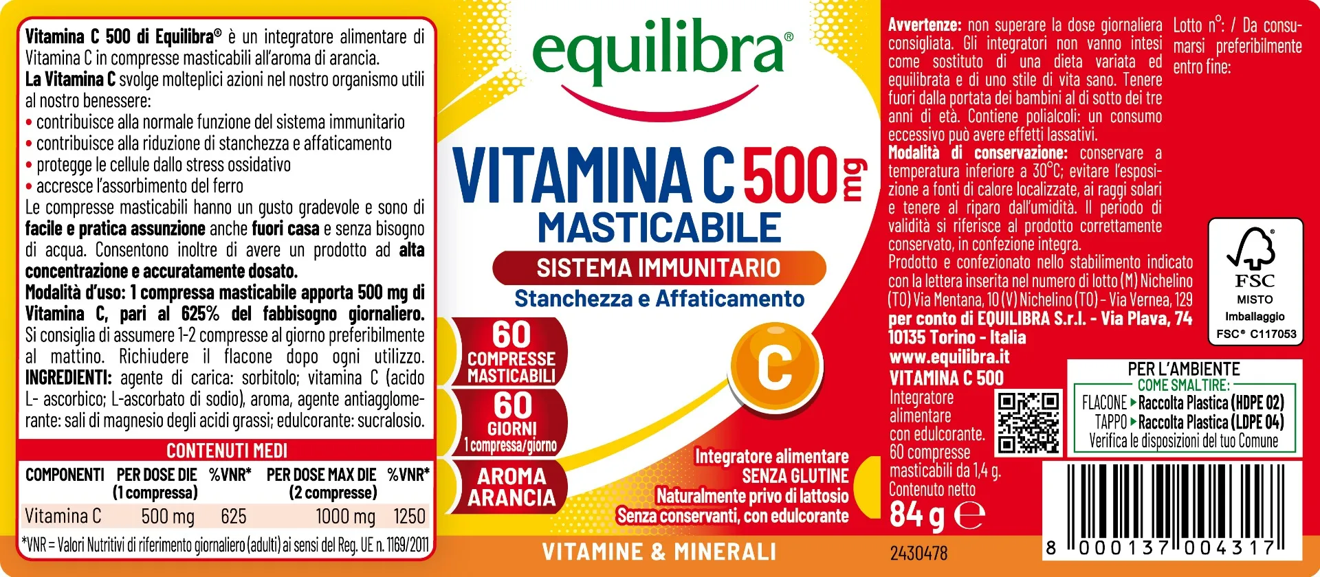 Equilibra Vitamina C 500 mg 60 Compresse Masticabili Integratore per Sistema Immunitario