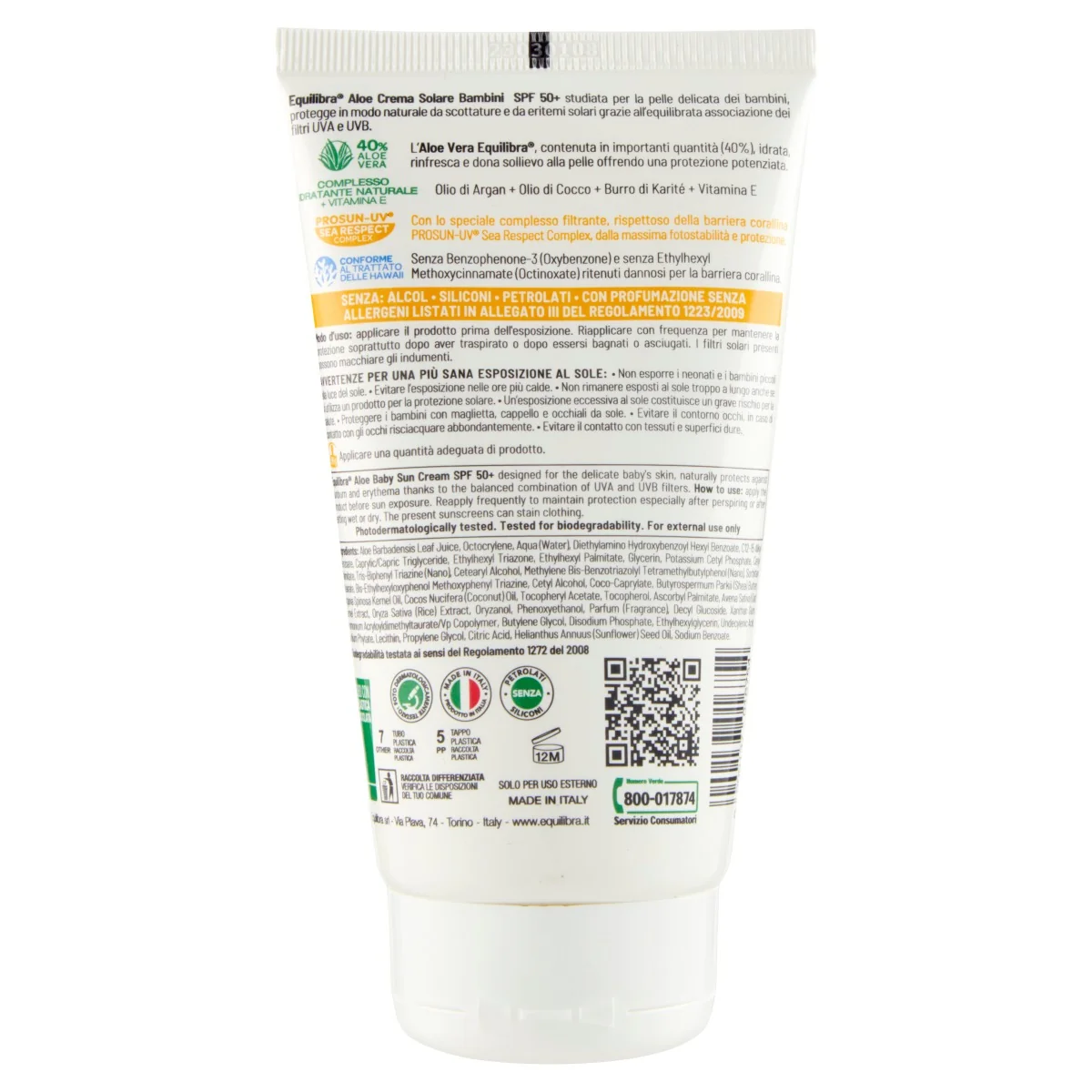 Equilibra Crema Solare Bambini Spf 50+ 150 ml Per la Pelle Delicata dei Bambini