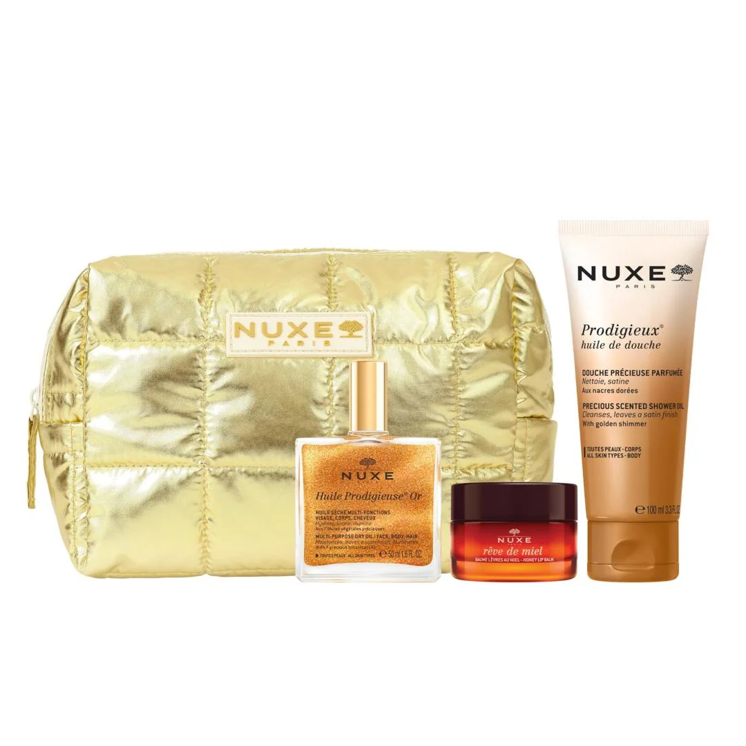 Nuxe My Beauty Essentials Trousse 2026 Huile Prodigieuse Olio Secco 50 ml + Reve De Miel Balsamo Labbra Riparatore Al Miele + Olio Doccia Prodigieux 100 ml
