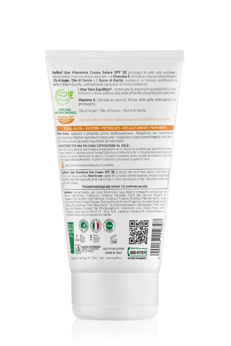 Equilibra Crema Solare Aloe Vitaminica SPF 30 Protezione Solare Corpo