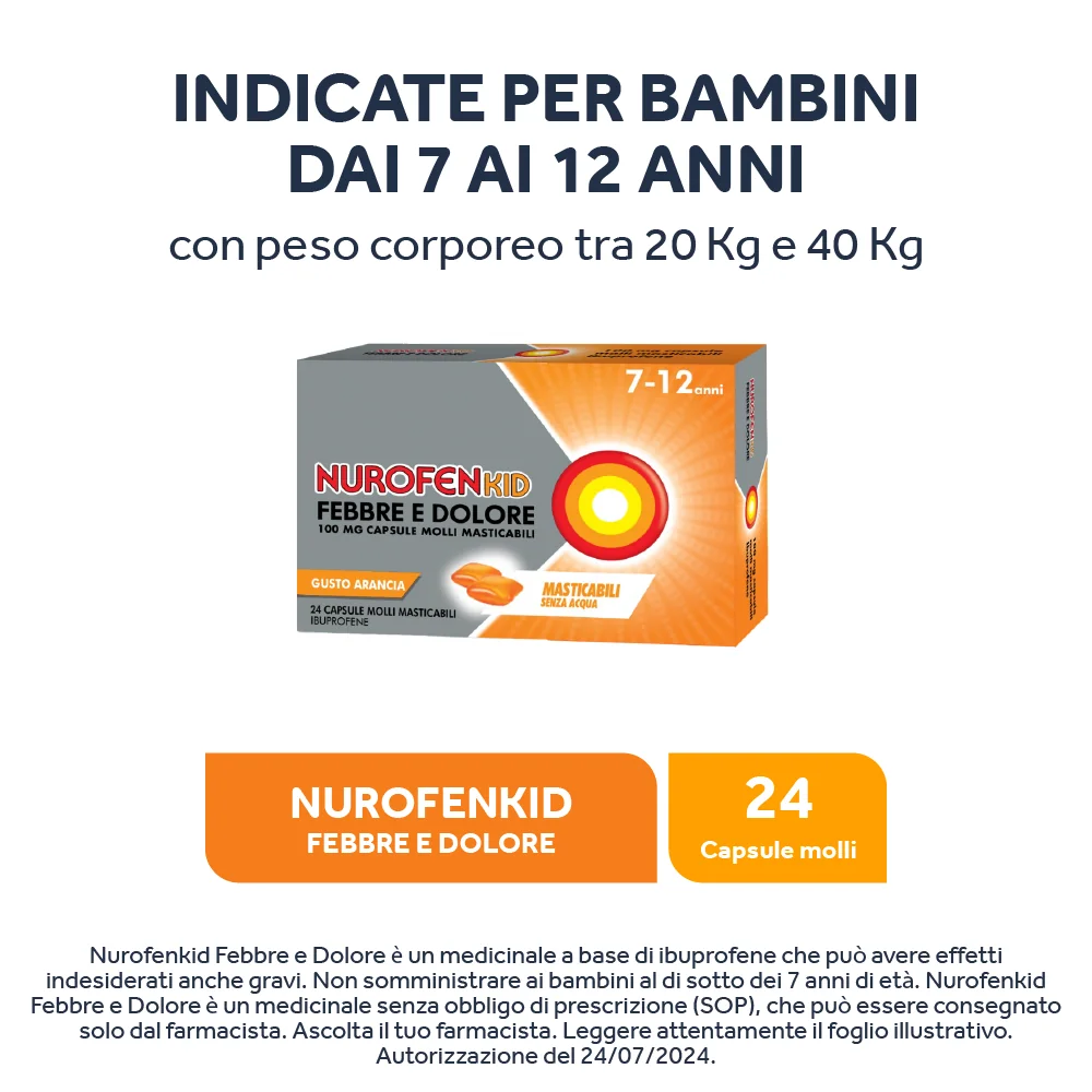 NurofenKid Febbre e Dolore 100 mg Ibuprofene 24 Capsule Molli Masticabili Ibuprofene