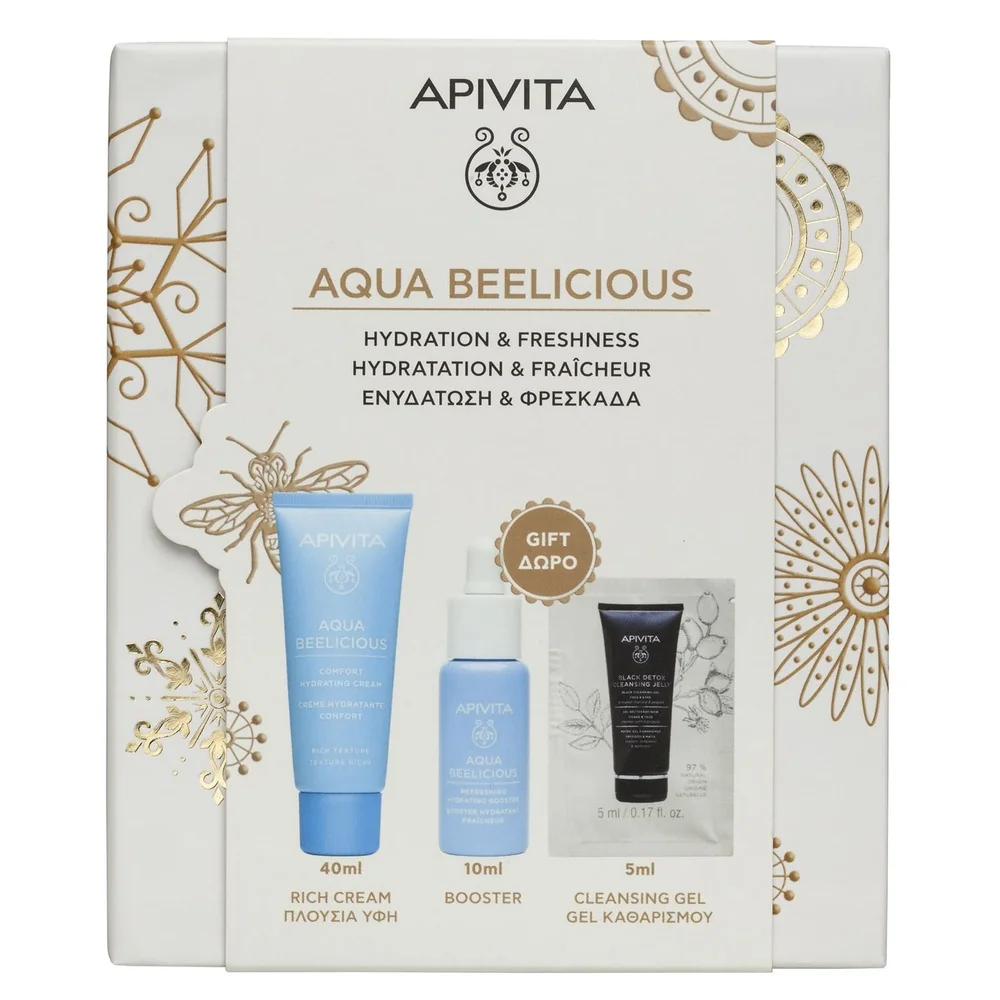 Apivita Aqua Beelicious Cofanetto 2025 Gel-Crema Idratante Oil Free Texture Leggera + Booster Idratante Rinfrescante + Gel Detergente Nero - Viso & Occhi