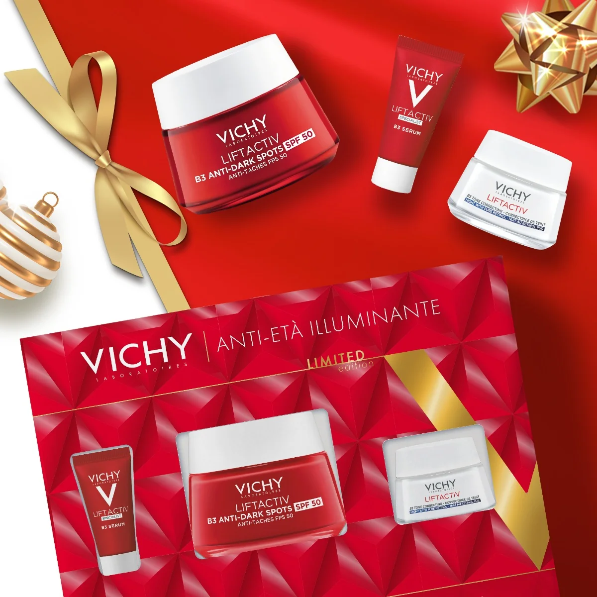 Cofanetto Vichy Liftactiv Antietà Illuminante Crema B3 SPF50 50 ml + Lift Specialist B3 Siero 5 ml + Liftactive Supreme Notte 15 ml