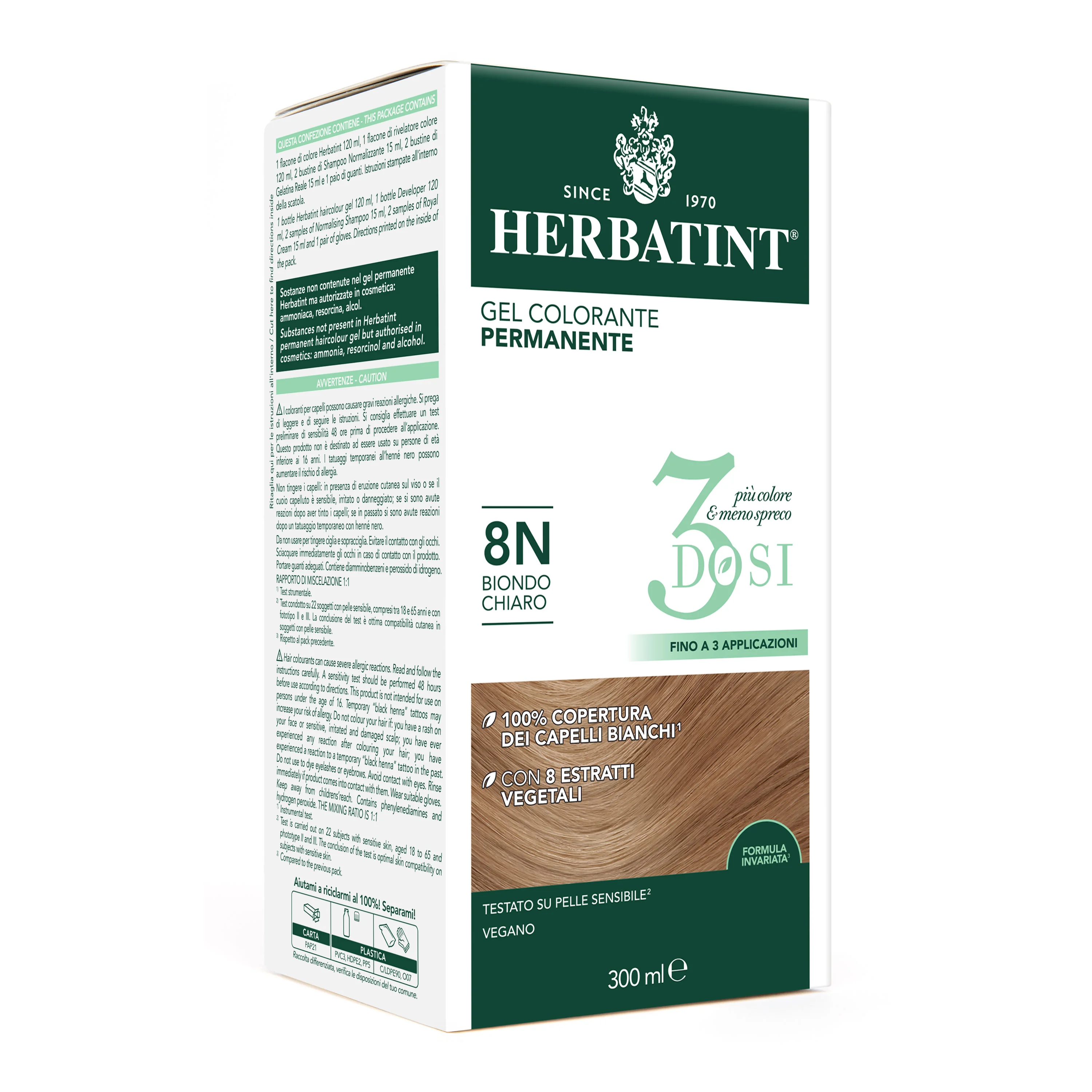 Herbatint Tintura Capelli Gel Permanente 3Dosi 8N Biondo Chiaro 300 ml 
