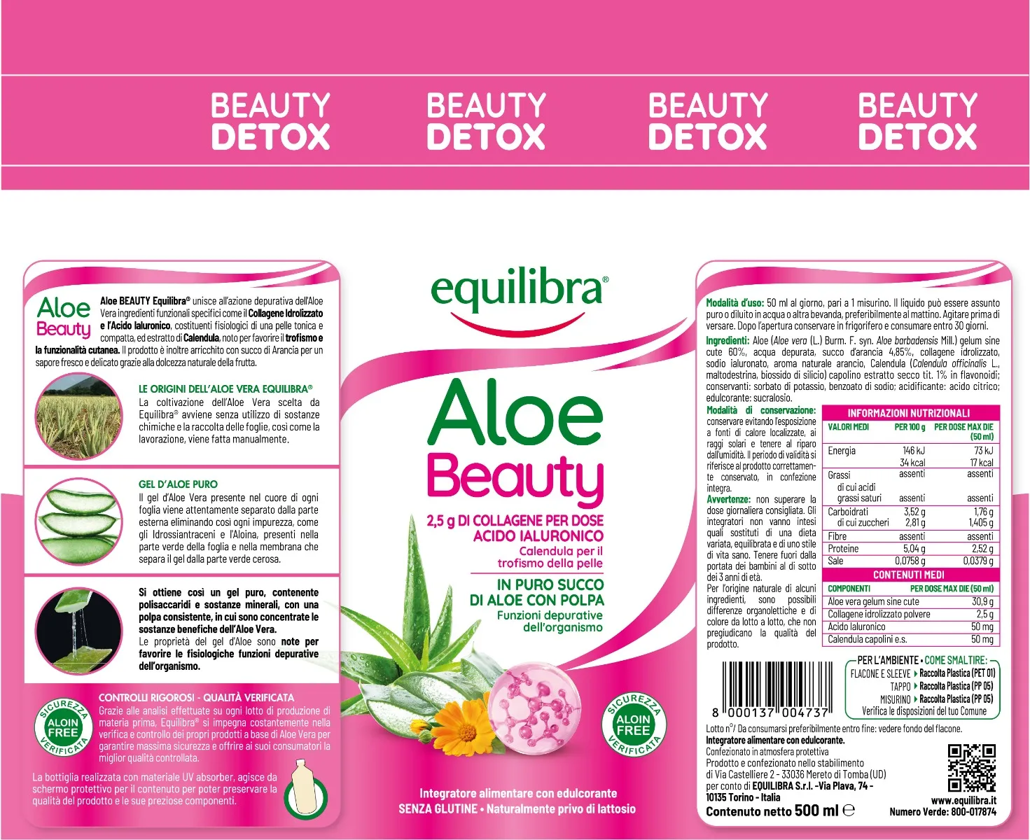 Equilibra Aloe Vera Beauty 500 ml Senza Glutine