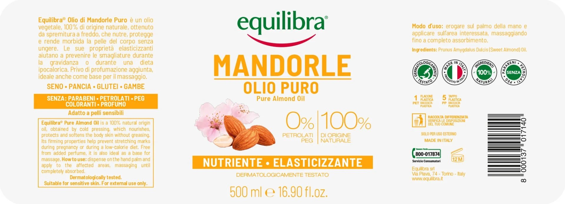 Equilibra Olio Mandorle Puro 500 Ml Emolliente