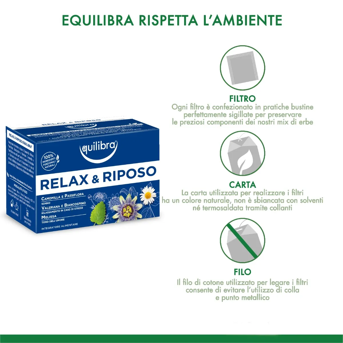 Equilibra Tisana Relax e Riposo 15 Filtri Con Camomilla, Melissa, Passiflora, Biancospino e Valeriana.