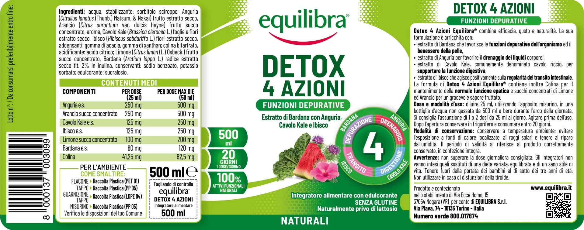 Equilibra Detox 4 Azioni Gusto Frutta 500 ml Depurativo Drenante
