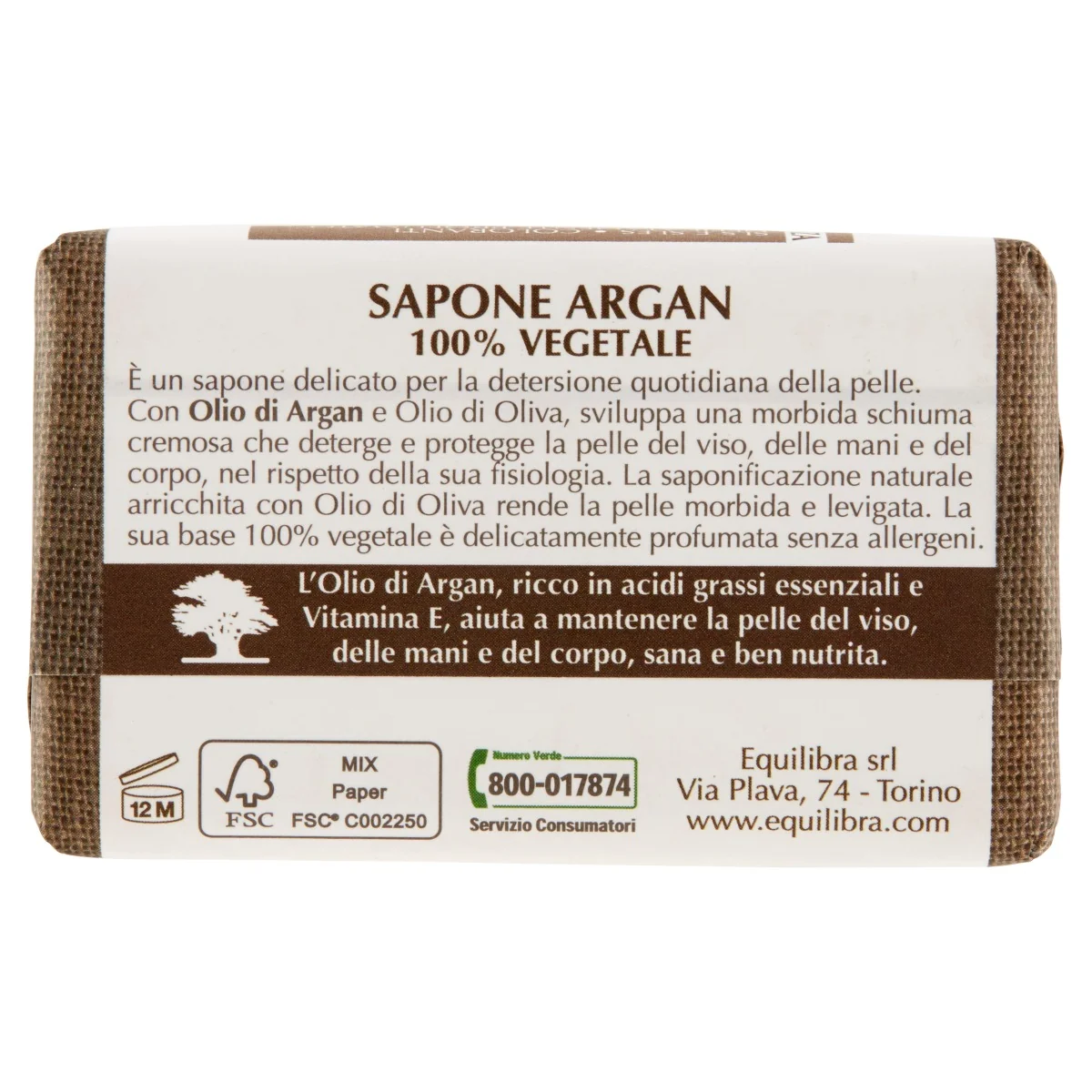 Equilibra Argan Sapone100% Veg 100 G Con Olio d'Oliva