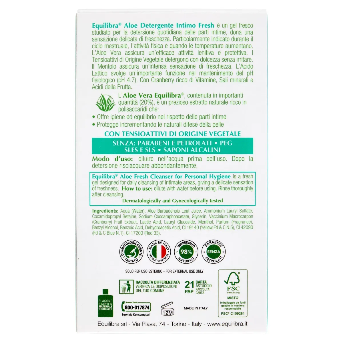 Equilibra Aloe Detergente Intimo Fresh 200 Ml Contrasta Impurità