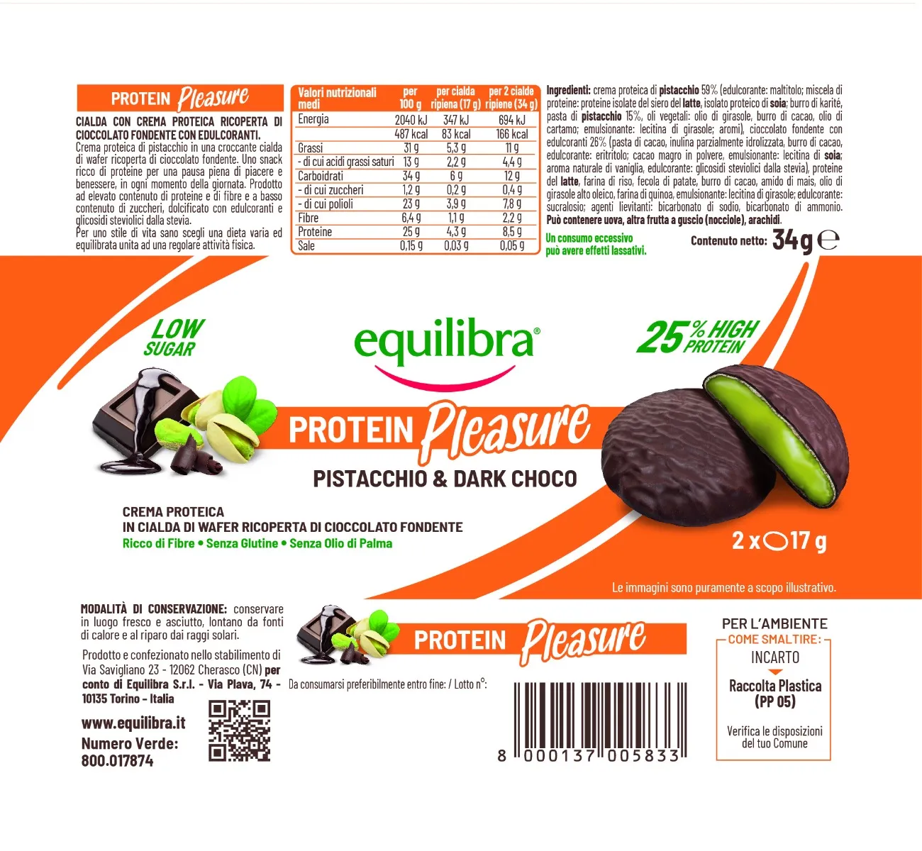 Equilibra Dobloni Pist&Dark Choco 2x17 G Snack Proteico Gusto Pistacchio