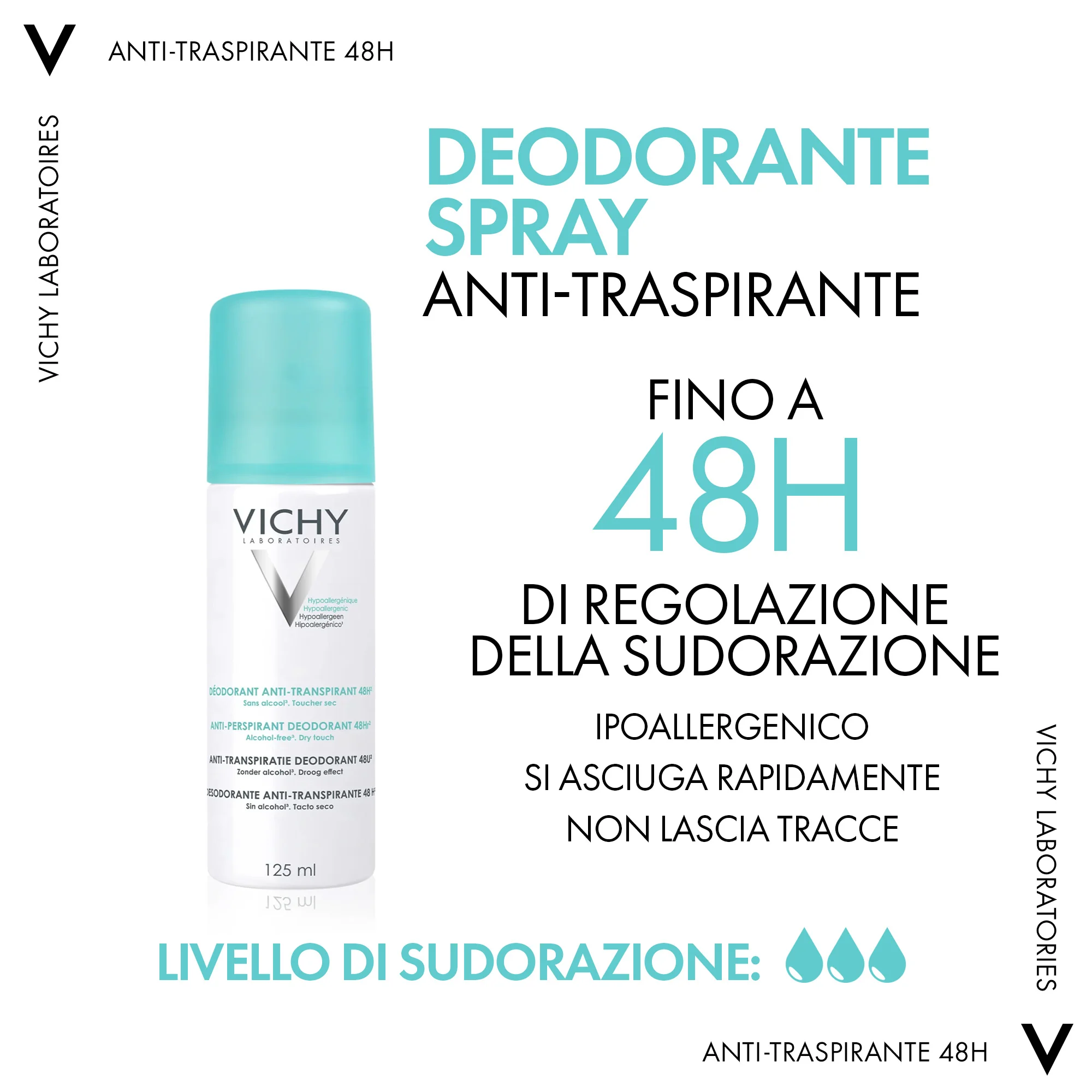 Vichy Deodorante Antitraspirante 48H, 125 Ml Per tutti i tipi di pelle