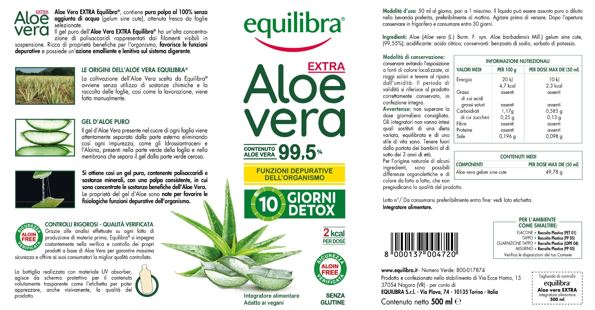 Equilibra Aloe Vera Extra 99,5% 500 Ml Azione Depurativa