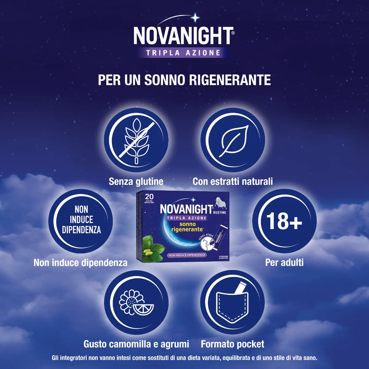 Novanight 20 Bustine Tripla Azione Integratore per il Sonno