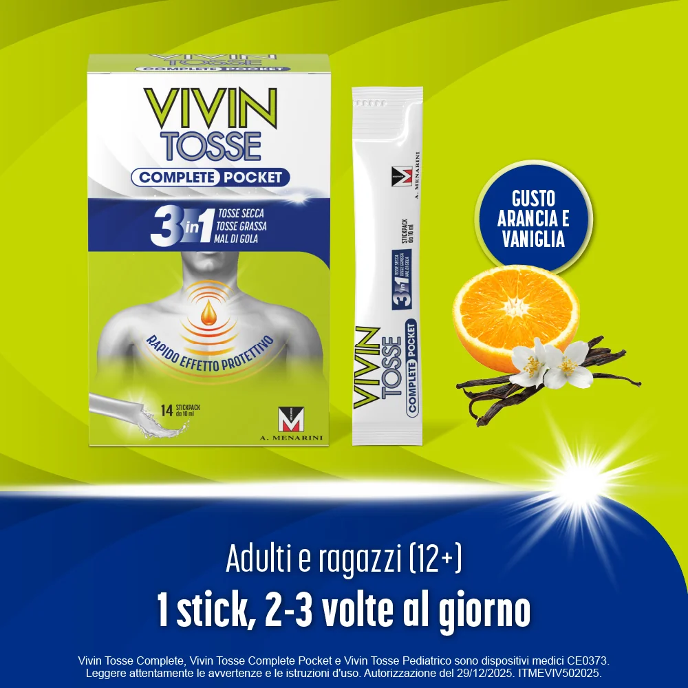 Vivin Tosse Complete 3 in 1 Complete Pocket 14 Stick Tosse Grassa, Secca e Mal di Gola
