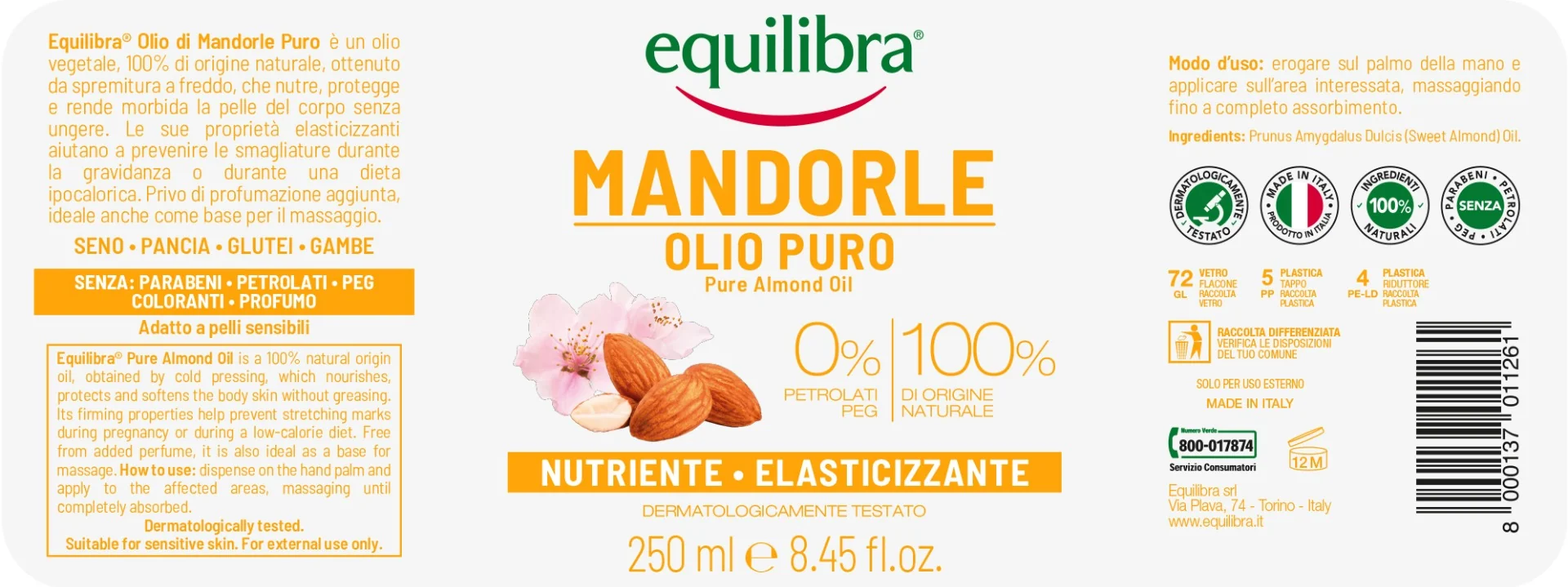 Equilibra Olio Di Mandorle Dolci 250 Ml Nutriente ed elasticizzante
