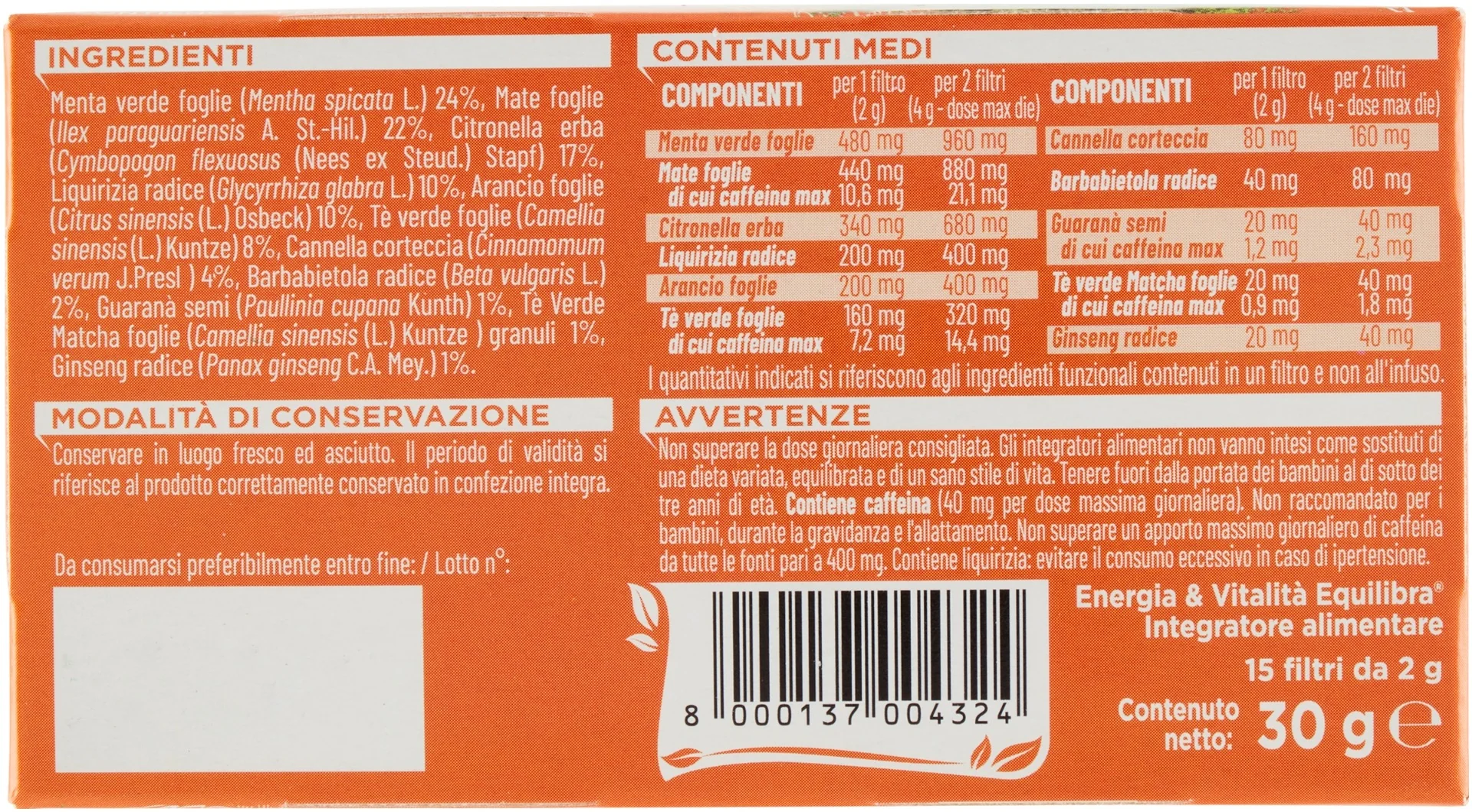 Equilibra Tisana Energia & Vitalità 15 Filtri Contro Stanchezza e Affaticamento