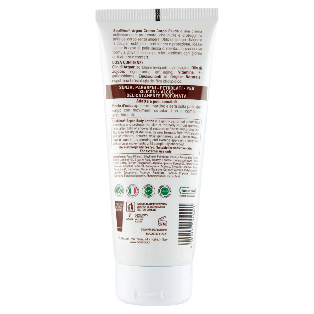 Equilibra Argan Crema Fluido Corpo 200 Ml Rilascia Morbidezza per la Pelle