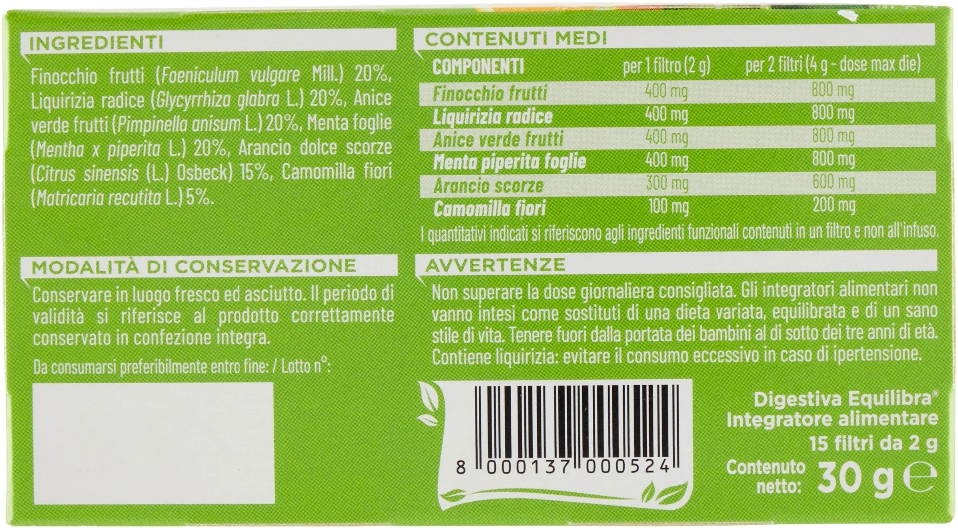 Equilibra Tisana Digestiva 15 Filtri Con Finocchio, Arancia, Menta e Camomilla