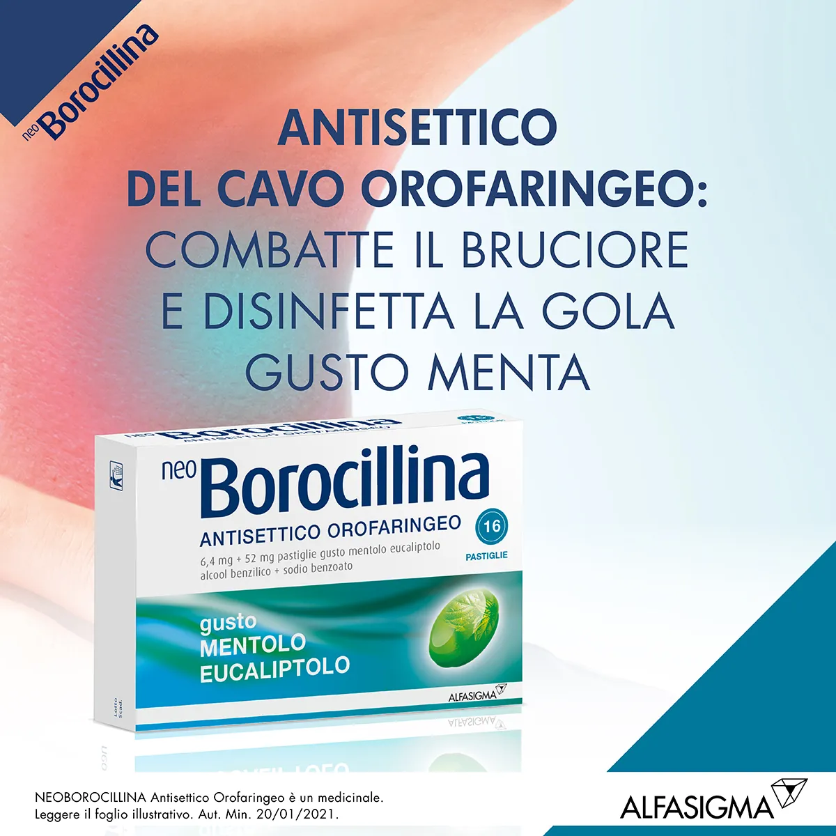 Neo Borocillina 6,4+52 mg Gusto Mentolo Eucaliptolo 16 Pastiglie Antisettico Orofaringeo