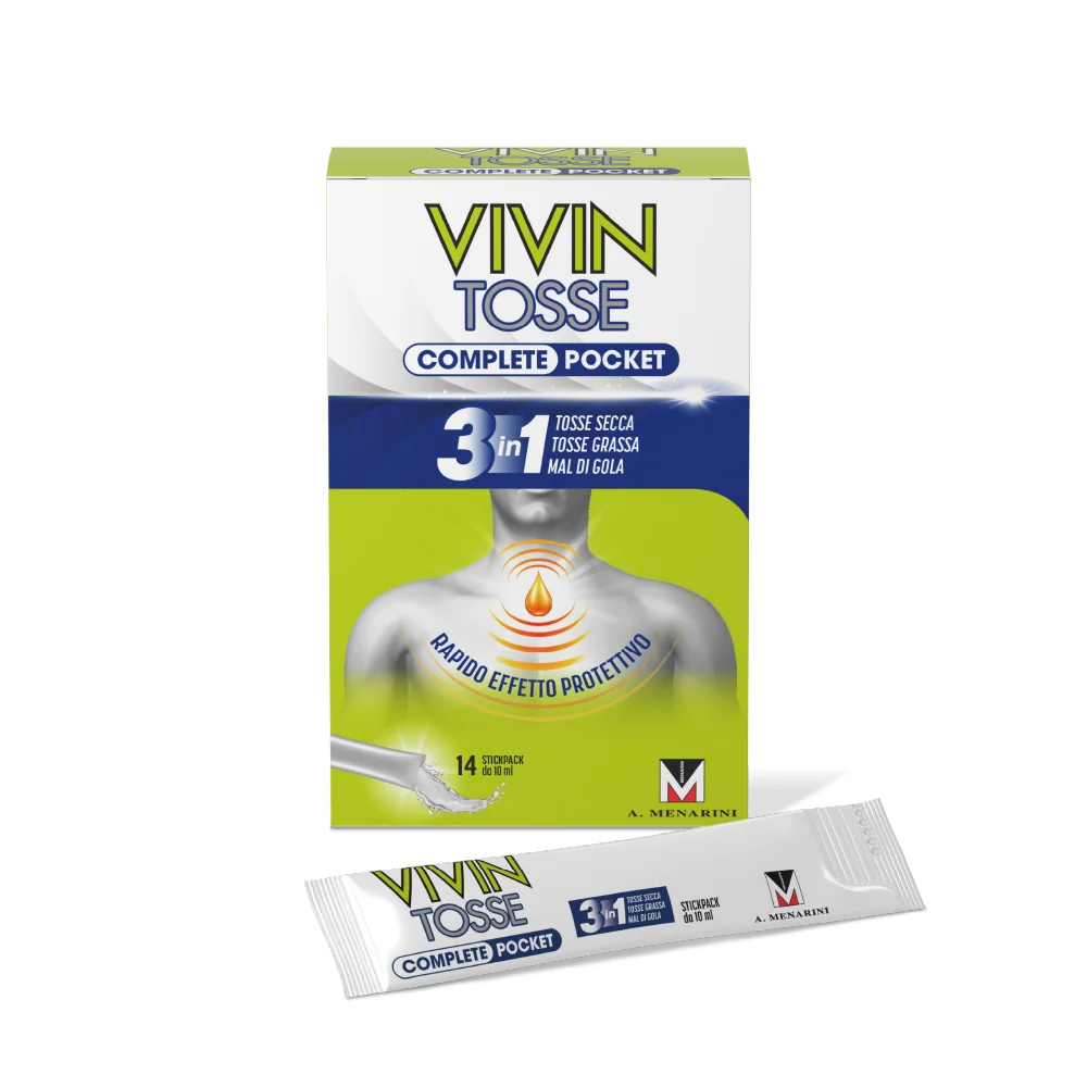 Vivin Tosse Complete 3 in 1 Complete Pocket 14 Stick Tosse Grassa, Secca e Mal di Gola