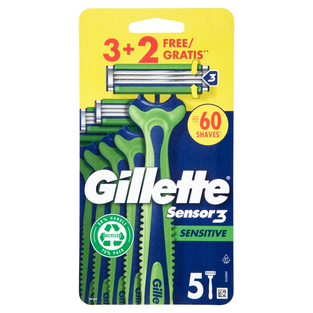 Gillette Sensor3 Sensitive 5 Pezzi Rasoio Usa e Getta per Pelli Sensibili