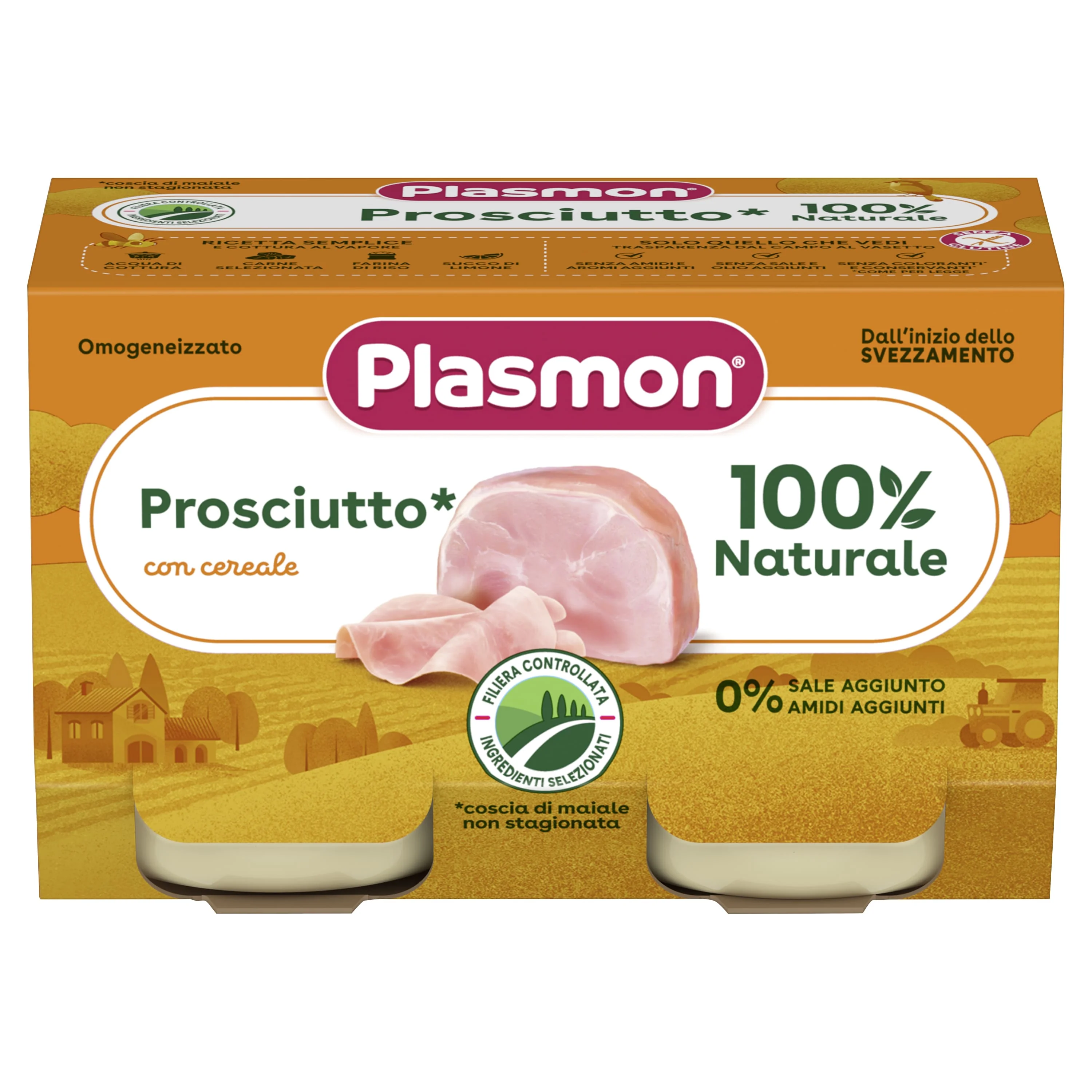Plasmon Omogeneizzato Di Carne Prosciutto Cotto 2x120 g +4m Alimento per Infanzia